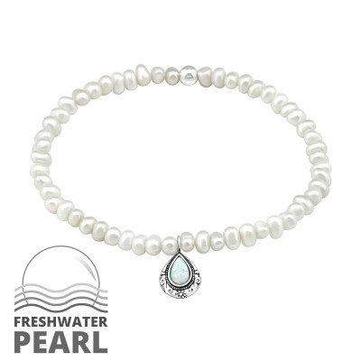 Silver Tear Drop Bracelet with Imitation Stone and Fresh Water Pearl