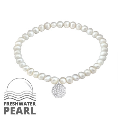 Silver Round Bracelet with Cubic Zirconia and Fresh Water Pearl