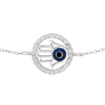 Hamsa Sterling Silver Bracelet with Cubic Zirconia and Epoxy