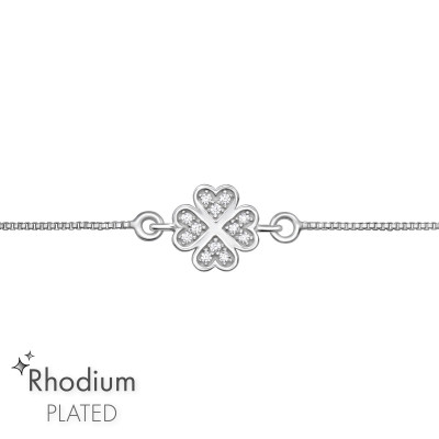 Lucky Four Leaf Bolo Sterling Silver Adjustable Bracelet with Cubic Zirconia