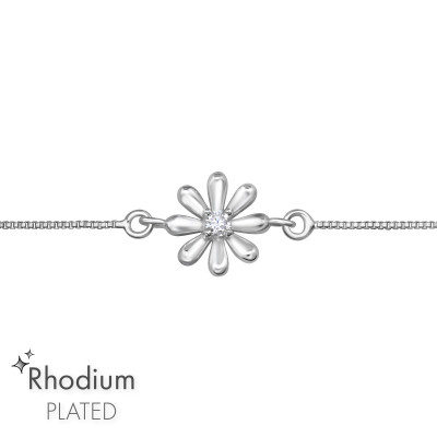 Flower Bolo Sterling Silver Adjustable Bracelet with Cubic Zirconia