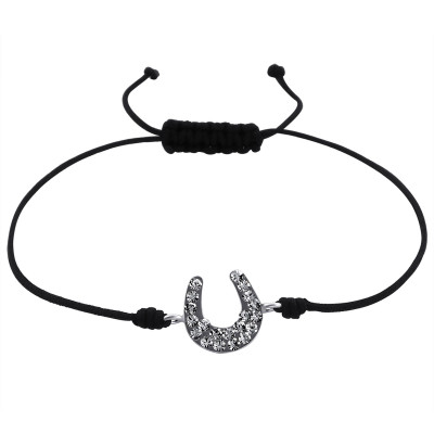 Silver Horseshoe Adjustable Corded Bracelet with Crystal