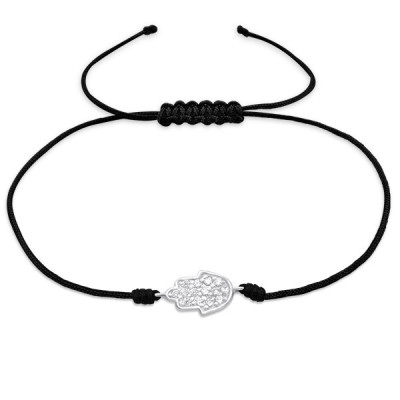 Silver Hamsa Adjustable Corded Bracelet with Cubic Zirconia