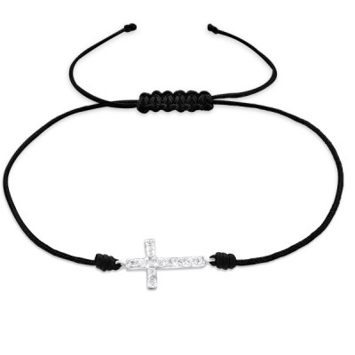 Silver Cross Adjustable Corded Bracelet with Cubic Zirconia