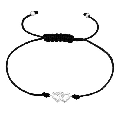 Silver Double Heart Adjustable Corded Bracelet