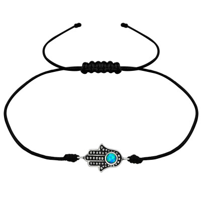 Silver Hamsa Adjustable Corded Bracelet with Synthetic Opal