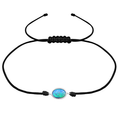 Silver Oval Adjustable Corded Bracelet with Synthetic Opal