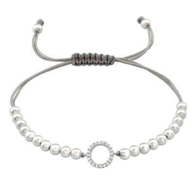 Silver Circle Adjustable Corded Bracelet with Cubic Zirconia