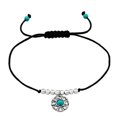 Silver Round Adjustable Corded Bracelet with Imitation Turquoise