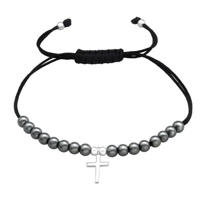 Silver Cross Adjustable Corded Bracelet with Natural Stone