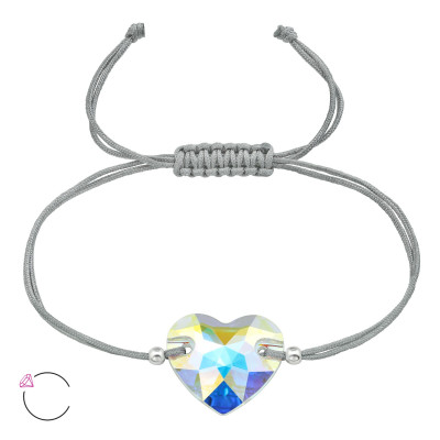 Silver Heart Adjustable Corded Bracelet with Genuine European Crystal