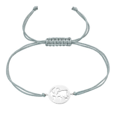 Silver World Map Adjustable Corded Bracelet