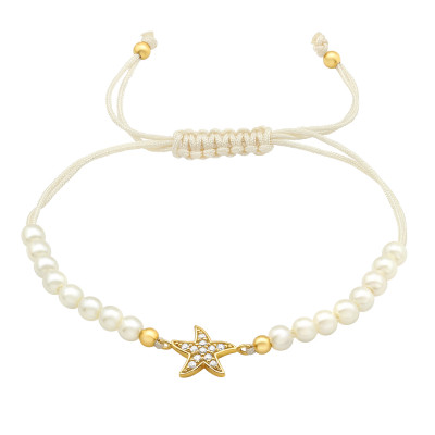 Silver Starfish  Adjustable Corded Bracelet with Cubic Zirconia and Plastic Pearl