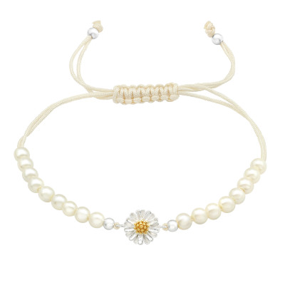 Silver Flower Adjustable Corded Bracelet with Plastic Pearl