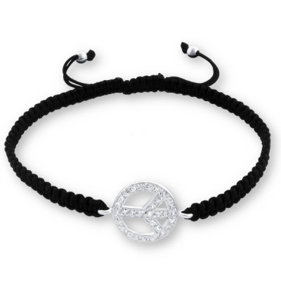 Peace Sterling Silver Corded Bracelet with Cubic Zirconia