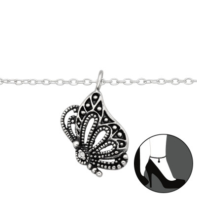 Silver Butterfly Anklet with Cubic Zirconia