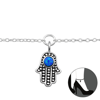 Hamsa Sterling Silver Anklet with Opal