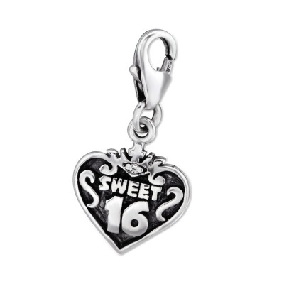 Sweet 16 Sterling Silver Clip on Charm with Cubic Zirconia