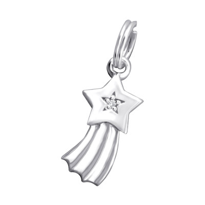 Silver Shooting Star Charm with Split Ring and Cubic Zirconia