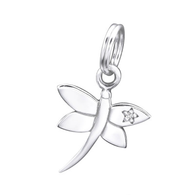 Silver Dragonfly Charm with Split Ring and Cubic Zirconia