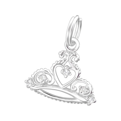 Silver Crown Charm with Split Ring and Cubic Zirconia