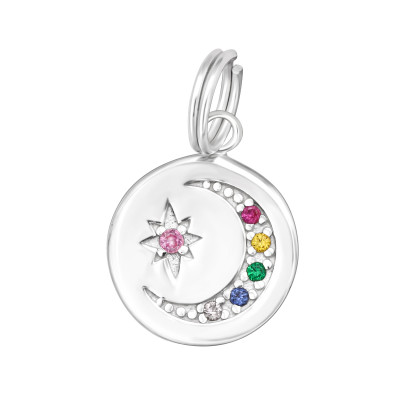 Silver Moon and Star Charm with Split ring with Cubic Zirconia