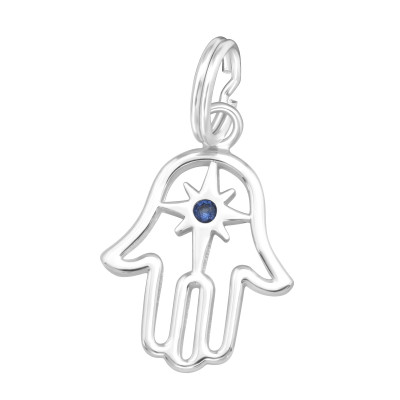 Silver Hamsa Charm with Split Ring and Cubic Zirconia