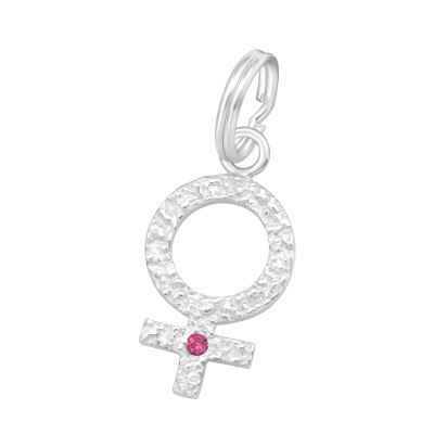 Silver Female Gender Sign Charm with Split Ring with Cubic Zirconia