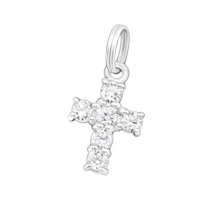 Silver Cross Charm with Split Ring and Cubic Zirconia