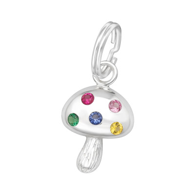 Silver Mushroom Charm with Split ring with Cubic Zirconia