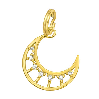 Silver Crescent Moon Charm with Split ring with Cubic Zirconia