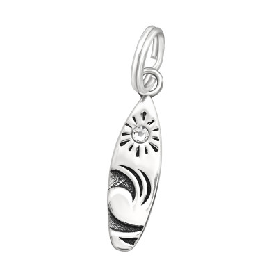 Silver Surfboard Charm with Split ring with Crystal