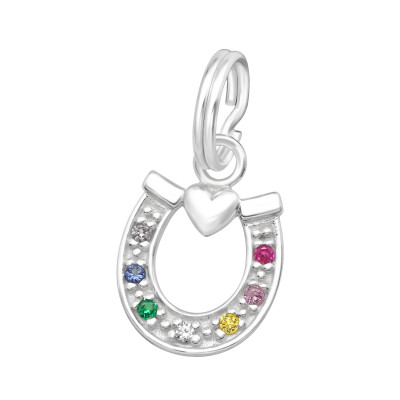 Silver Horseshoe Charm with Split ring with Cubic Zirconia