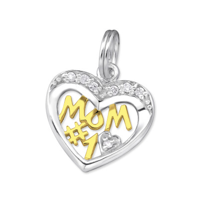 Silver #1 MOM Charm with Split Ring and Cubic Zirconia