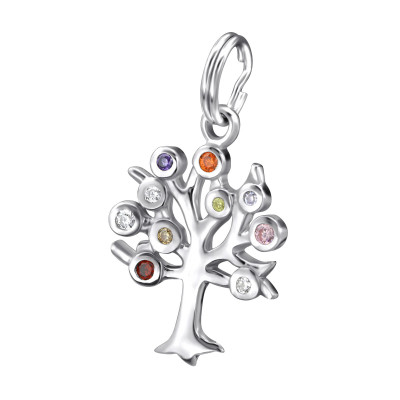 Silver Tree Charm with Split Ring and Cubic Zirconia