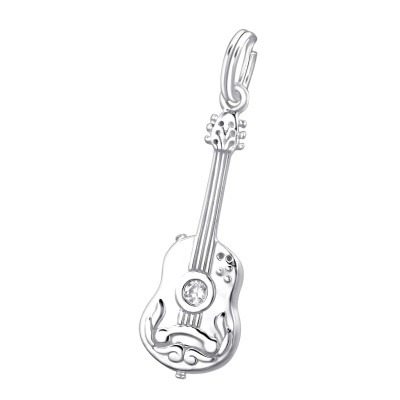 Silver Guitar Charm with Split Ring and Cubic Zirconia