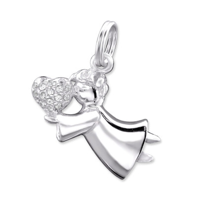 Silver Angel Charm with Split Ring with Cubic Zirconia