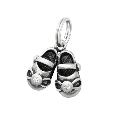 Silver Shoes Charm with Split Ring with Cubic Zirconia