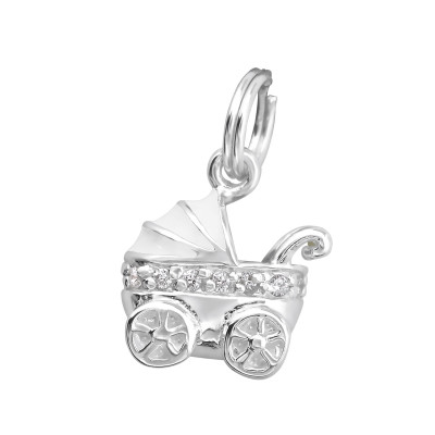 Silver Baby Carriage Charm with Split Ring with Cubic Zirconia and Epoxy