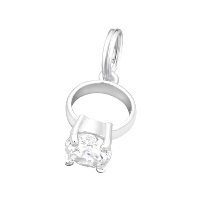 Silver Diamond Ring Charm with Split Ring and Cubic Zirconia