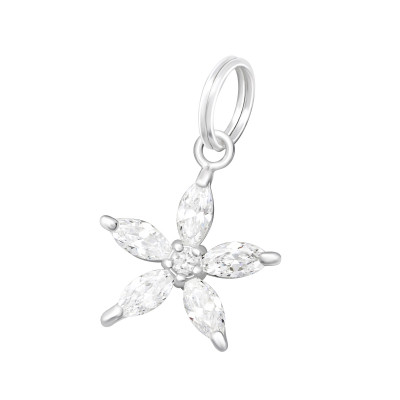 Flower Sterling Silver Charm with Split ring with Cubic Zirconia