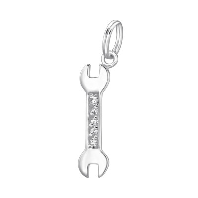 Silver Spanner Charm with Split Ring and Cubic Zirconia