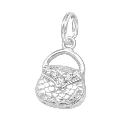 Silver Bag Charm with Split Ring and Cubic Zirconia