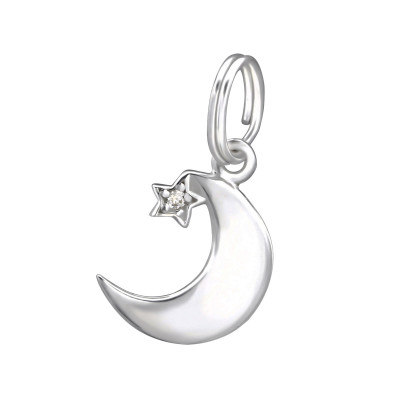 Silver Moon Charm with Split Ring and Cubic Zirconia