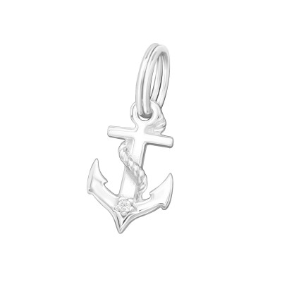 Silver Anchor Charm with Split Ring and Cubic Zirconia