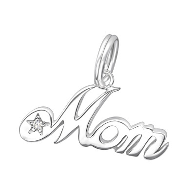 Mom Sterling Silver Charm with Split ring with Cubic Zirconia