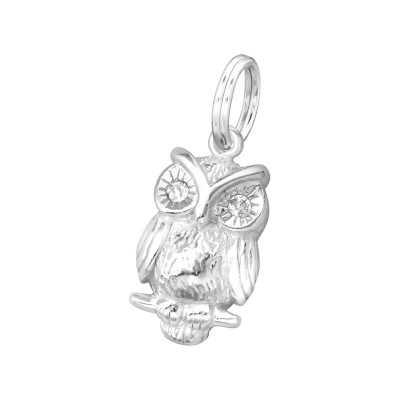 Silver Owl Charm with Split Ring and Cubic Zirconia