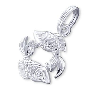 Silver Pisces Zodiac Sign Charm with Split Ring and Cubic Zirconia