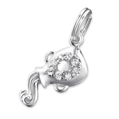 Aquarius Zodiac Sign Sterling Silver Charm with Split ring with Cubic Zirconia