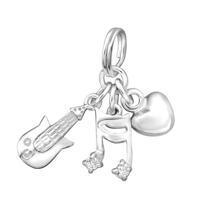 Silver Music Charm with Split Ring with Cubic Zirconia